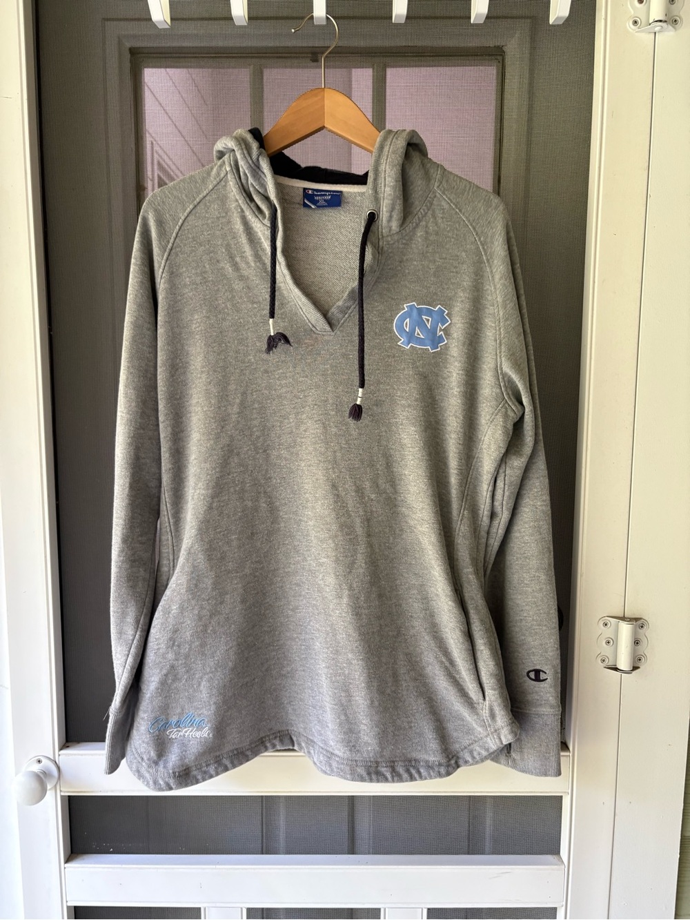 Champion Men's Gray V-Neck Hoodie with Light Blue North Carolina Logo